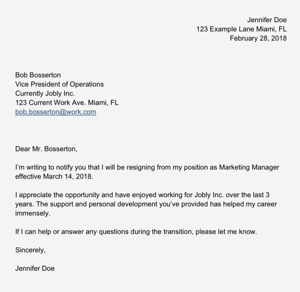 resignation letter example